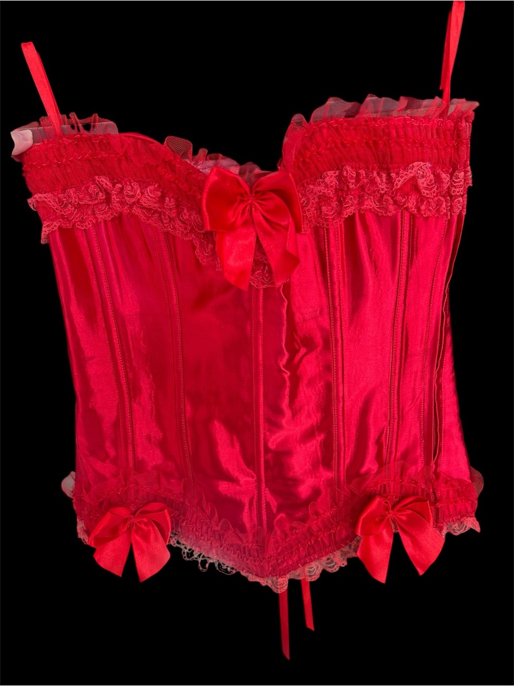 Like New Red Satin Lace Strapless Corset Bustier with Bow Accents
